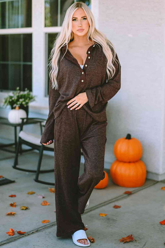 Buttoned Long Sleeve Top and Long Pants Lounge Set - Lily and Lavender Boutique