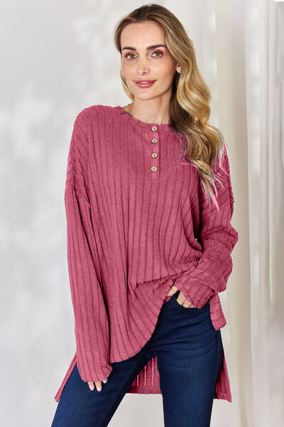 Basic Bae Full Size Ribbed Half Button Long Sleeve High-Low T-Shirt - Lily and Lavender Boutique