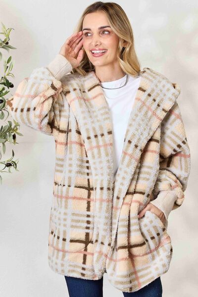 H&T Checked Faux Fur Hooded Jacket - Lily and Lavender Boutique