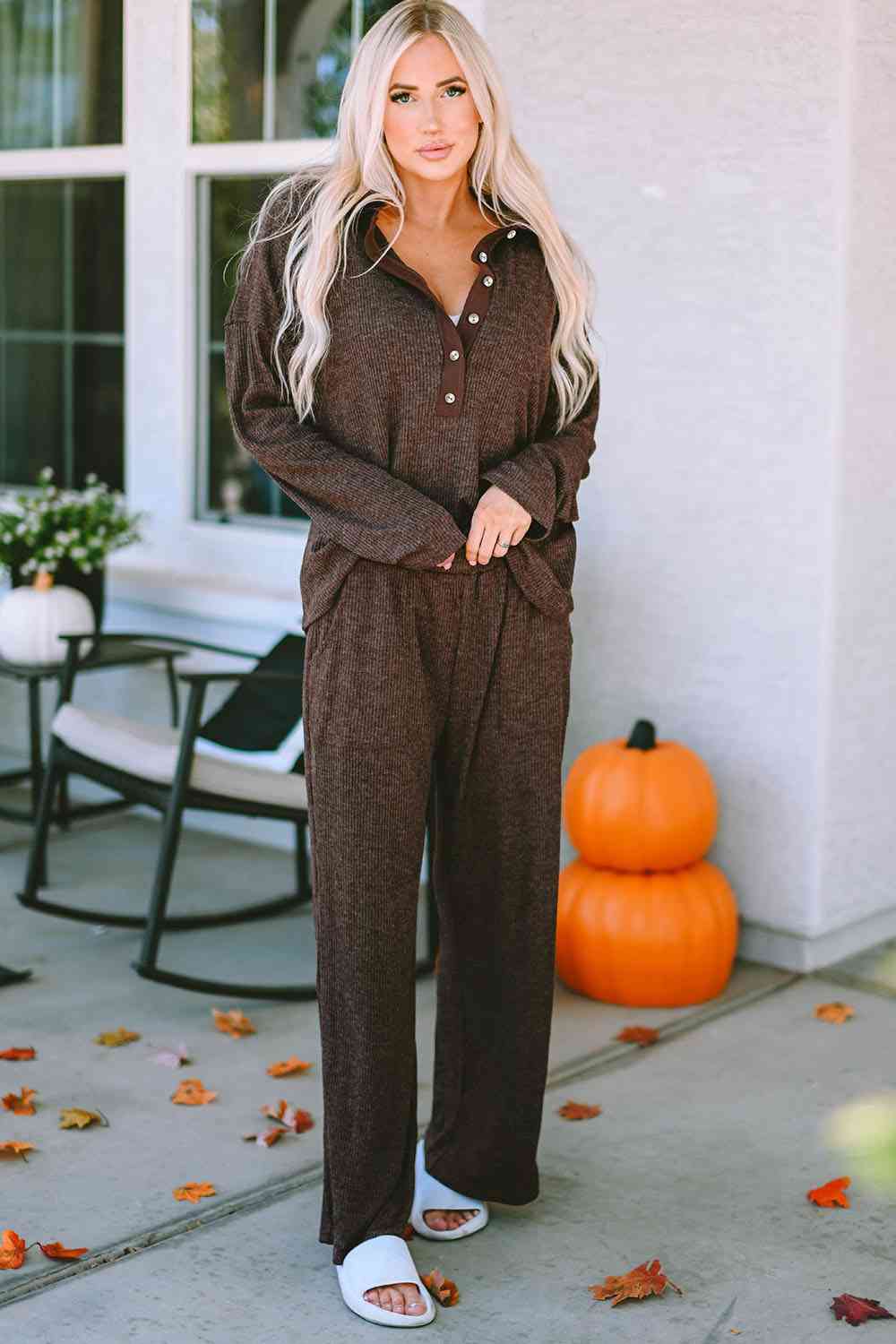 Buttoned Long Sleeve Top and Long Pants Lounge Set - Lily and Lavender Boutique