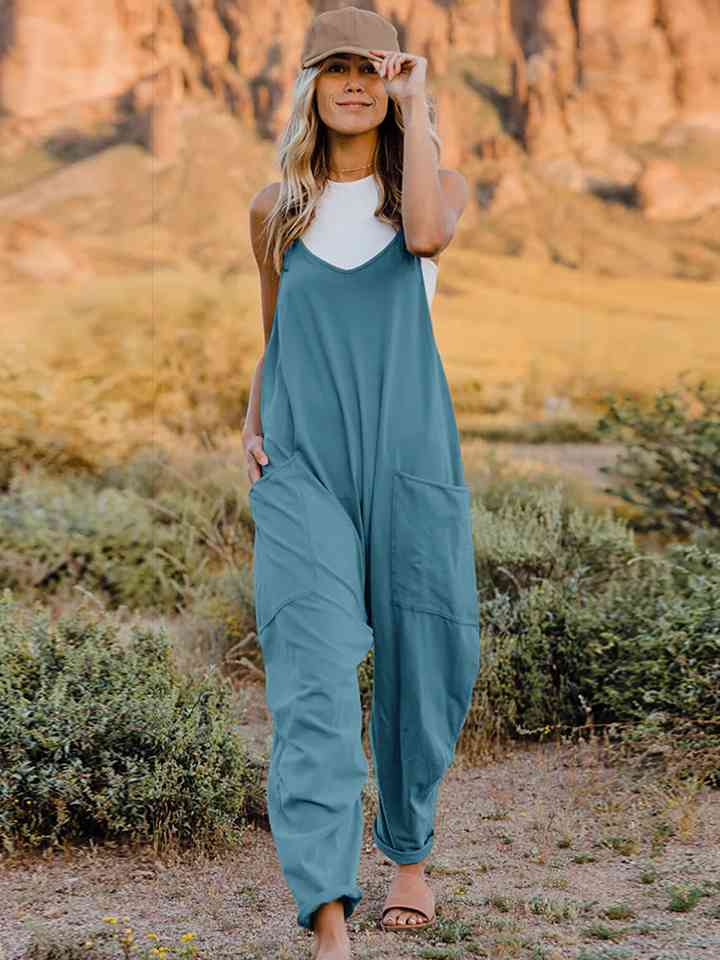 Double Take Full Size V-Neck Sleeveless Jumpsuit with Pockets - Lily and Lavender Boutique