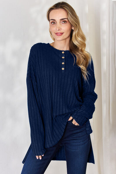 Basic Bae Full Size Ribbed Half Button Long Sleeve High-Low T-Shirt - Lily and Lavender Boutique