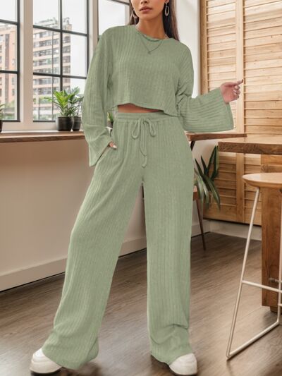 Ribbed Round Neck Top and Drawstring Pants Set - Lily and Lavender Boutique