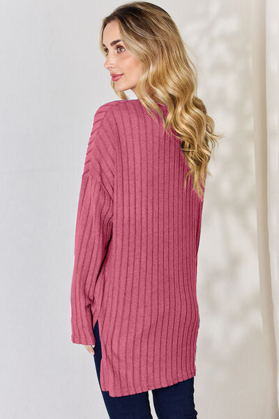 Basic Bae Full Size Ribbed Half Button Long Sleeve High-Low T-Shirt - Lily and Lavender Boutique