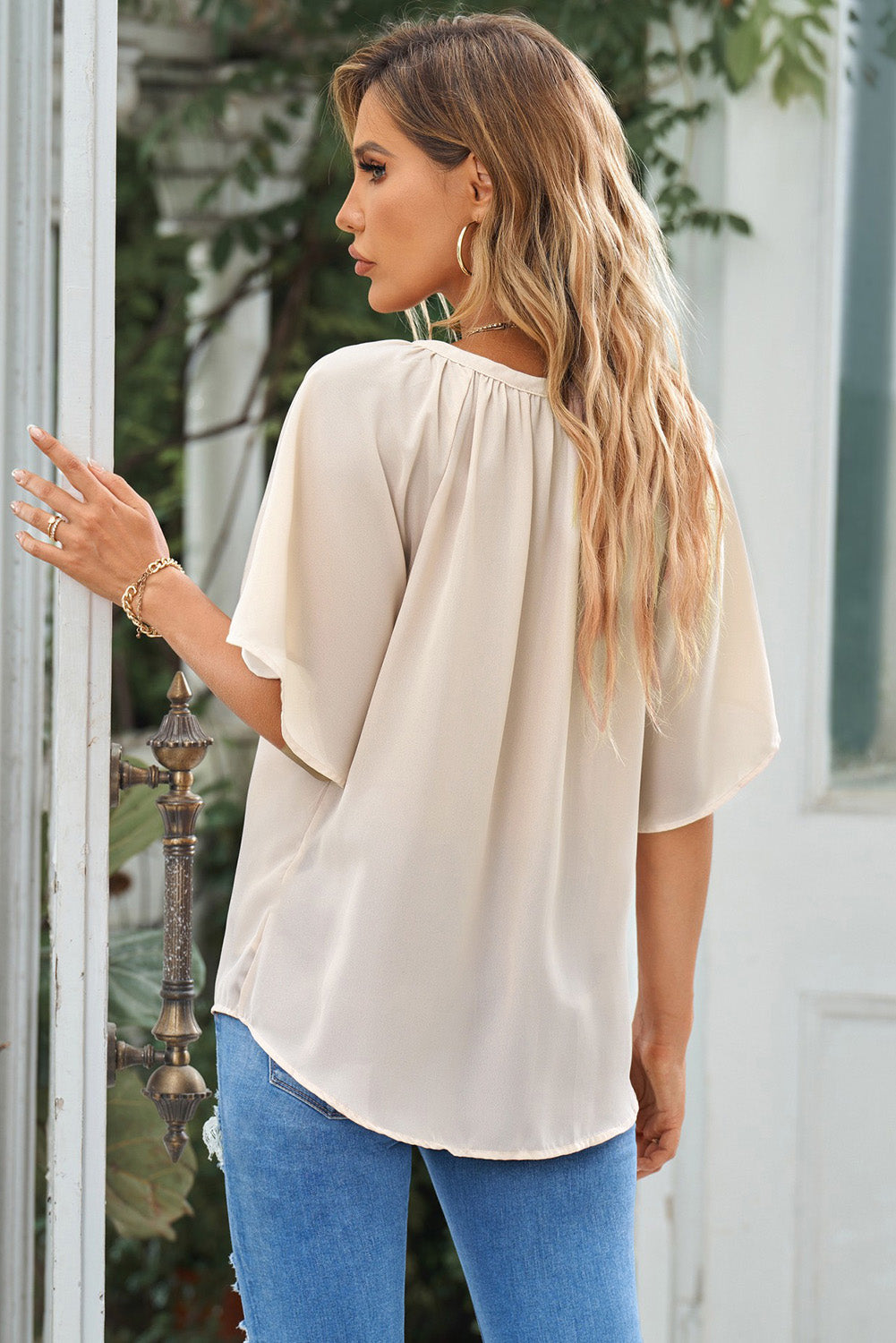 Gathered Detail Notched Neck Flutter Sleeve Top - Lily and Lavender Boutique