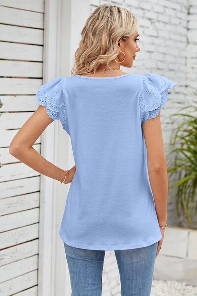 Eyelet Square Neck Cap Sleeve Blouse - Lily and Lavender Boutique