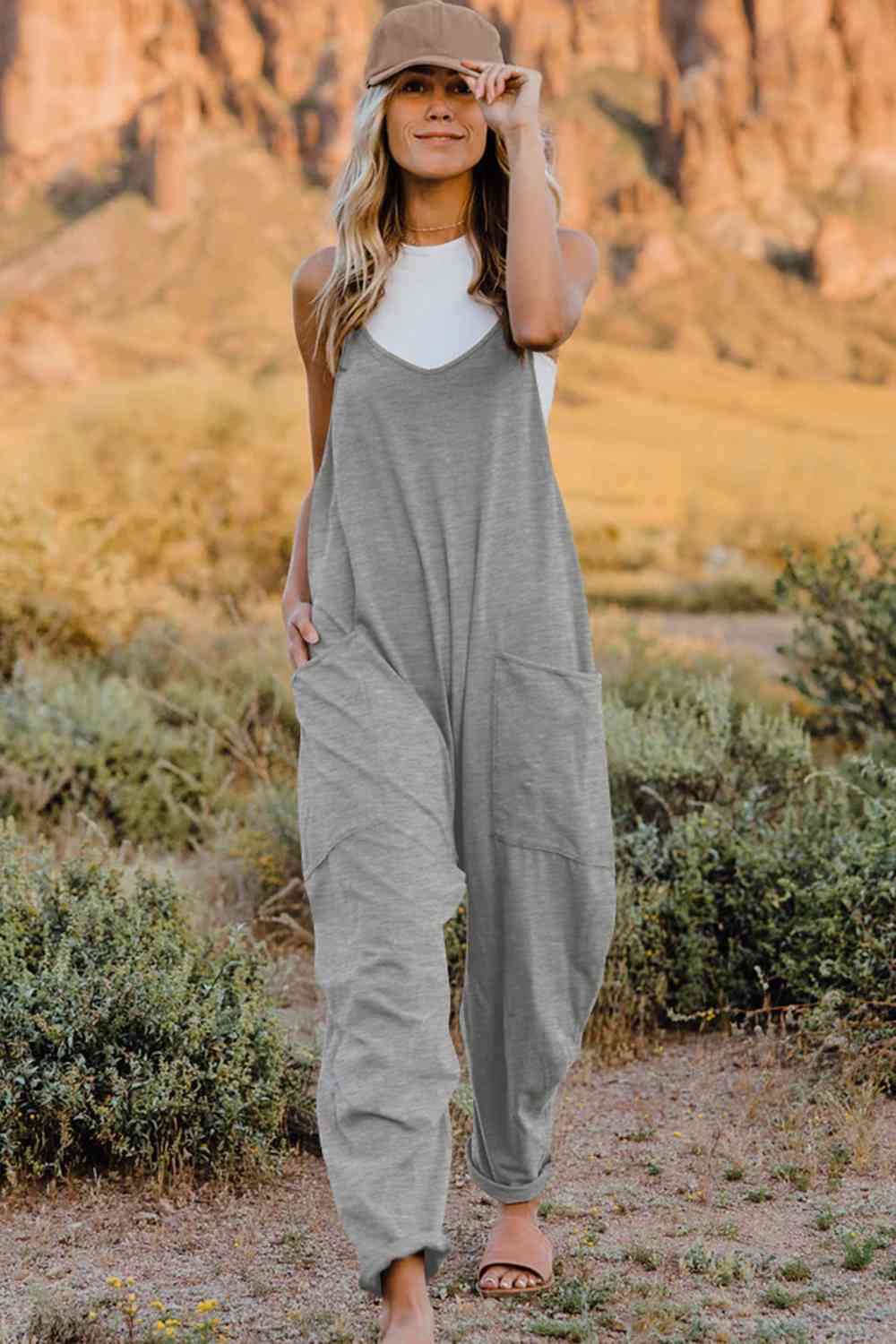 Double Take Full Size V-Neck Sleeveless Jumpsuit with Pockets - Lily and Lavender Boutique