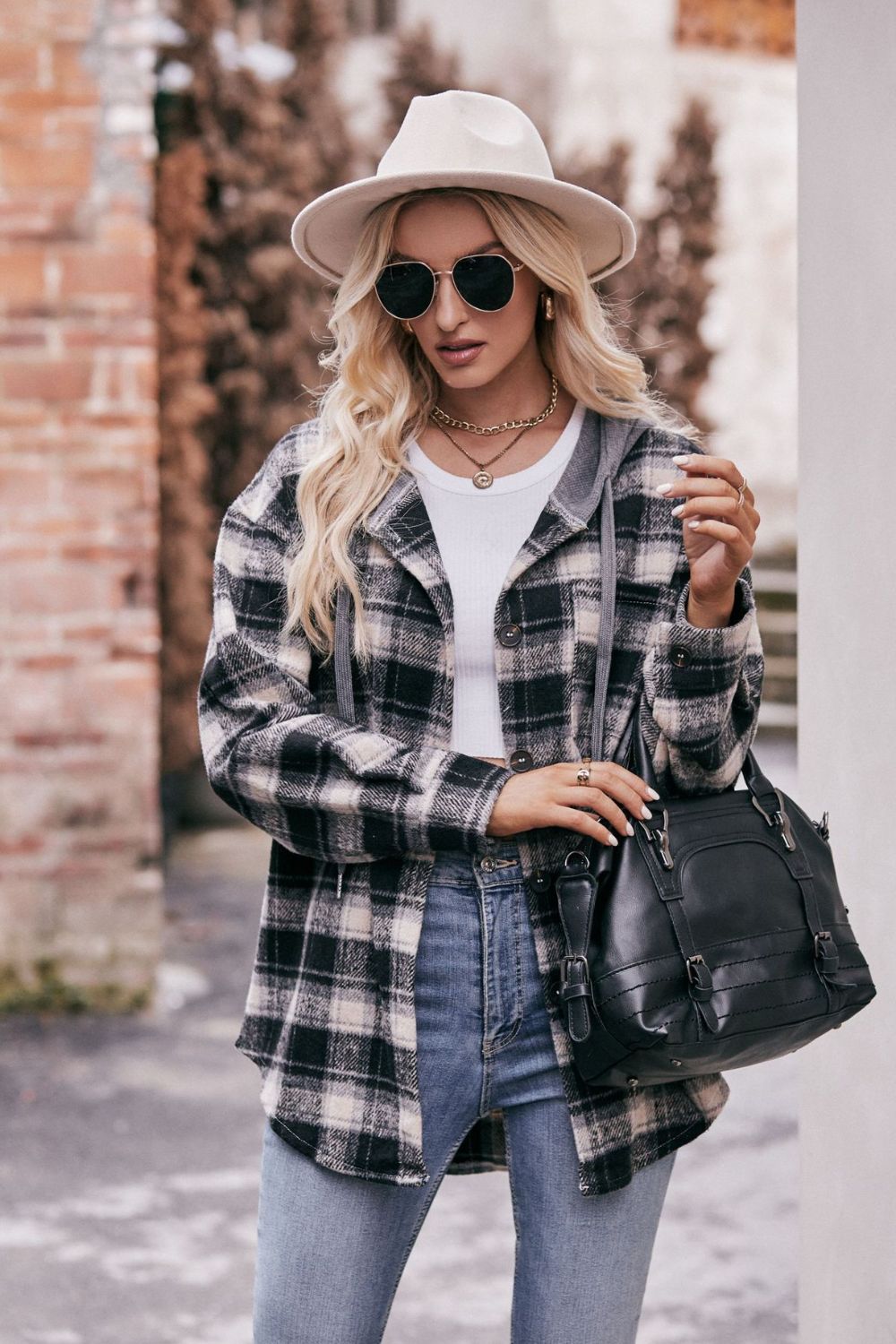 Plaid Dropped Shoulder Hooded Longline Jacket - Lily and Lavender Boutique