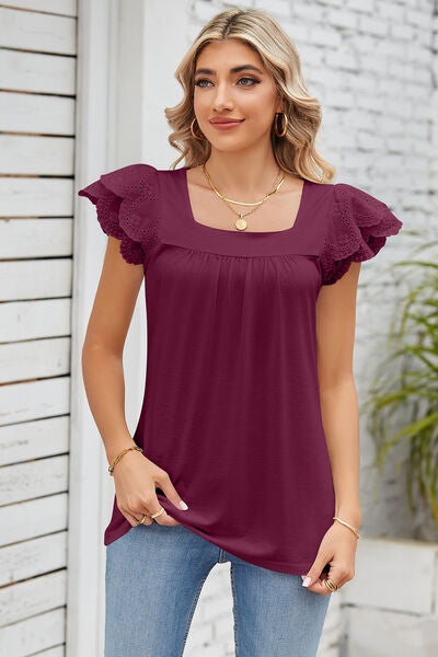 Eyelet Square Neck Cap Sleeve Blouse - Lily and Lavender Boutique