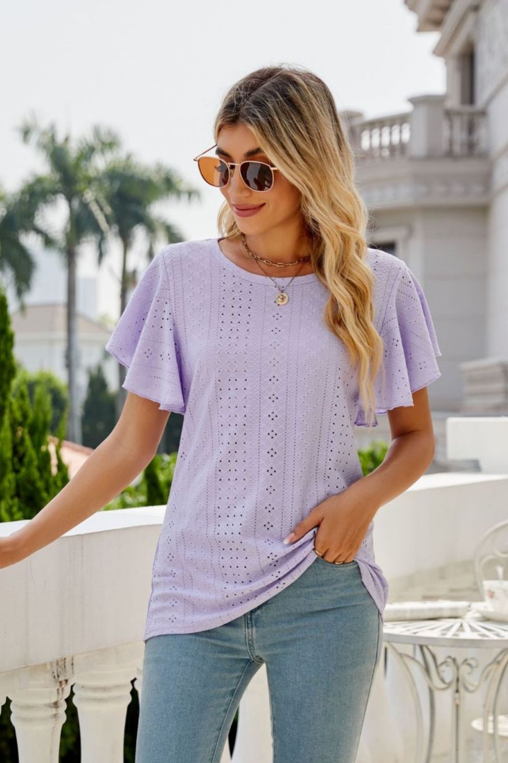 Eyelet Flutter Sleeve Round Neck Top - Lily and Lavender Boutique