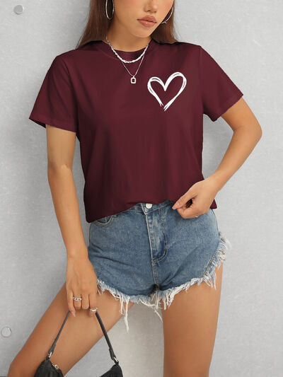 Heart Round Neck Short Sleeve T-Shirt - Lily and Lavender Boutique