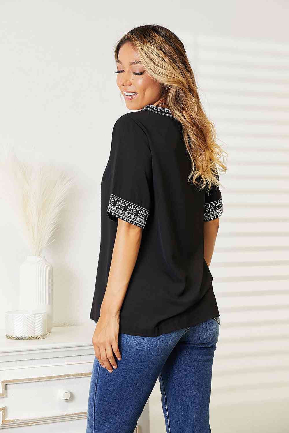 Double Take Embroidered Notched Neck Top - Lily and Lavender Boutique