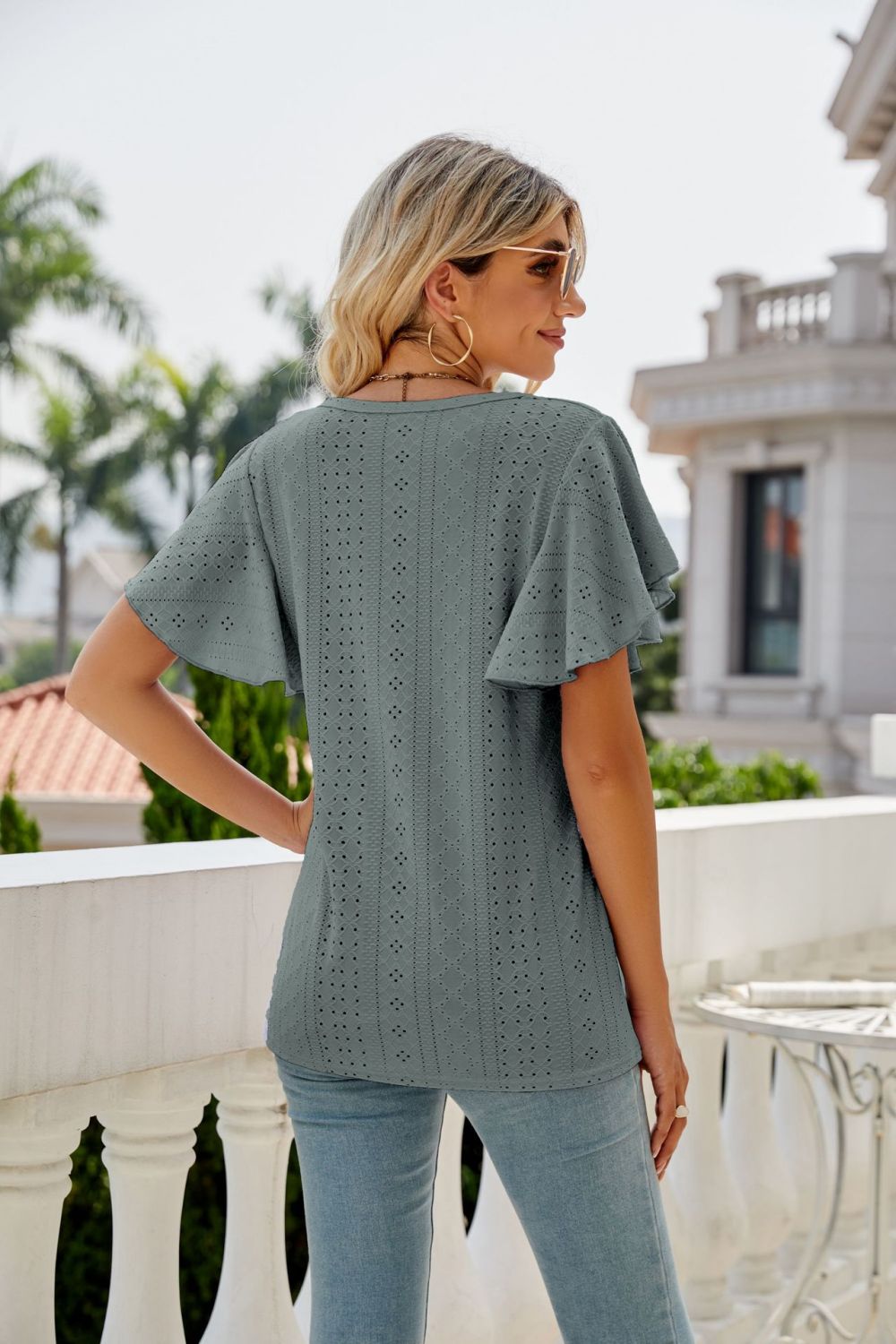 Eyelet Flutter Sleeve Round Neck Top - Lily and Lavender Boutique