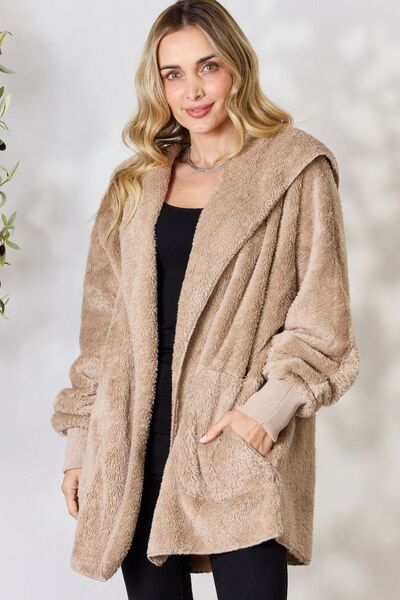 H&T Faux Fur Open Front Hooded Jacket - Lily and Lavender Boutique