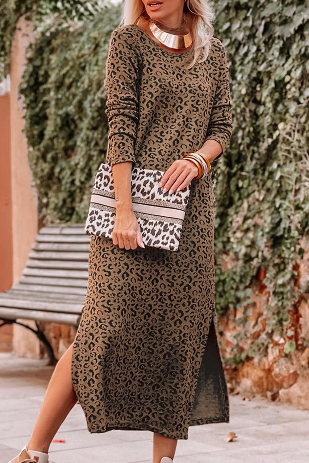 Round Neck Leopard Print Long Sleeve Slit Dress - Lily and Lavender Boutique