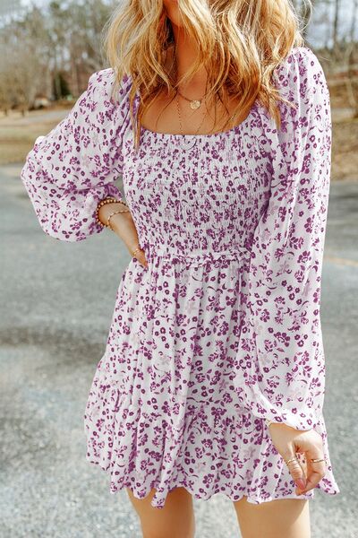 Smocked Floral Square Neck Balloon Sleeve Dress - Lily and Lavender Boutique