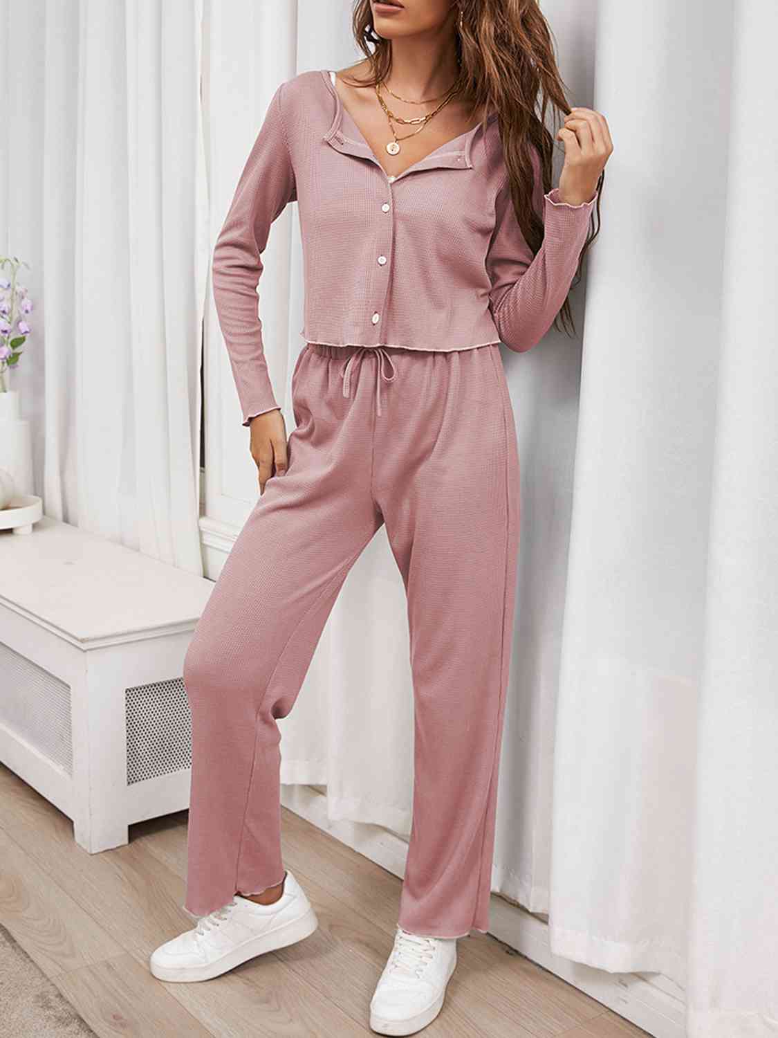 Button Front Long Sleeve Top and Pants Lounge Set - Lily and Lavender Boutique