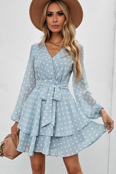 Tied Layered Polka Dot Balloon Sleeve Dress - Lily and Lavender Boutique