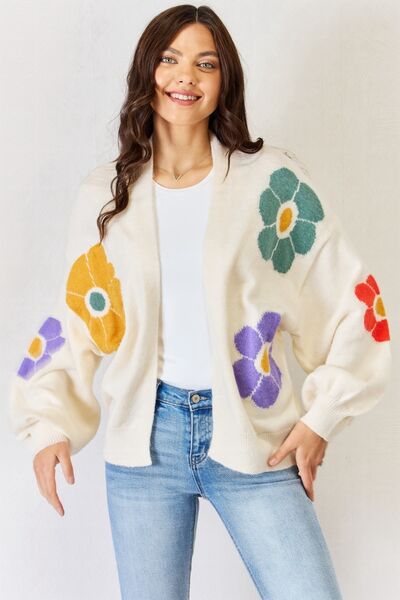 J.NNA Open Front Flower Pattern Long Sleeve Sweater Cardigan - Lily and Lavender Boutique