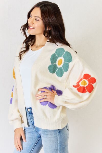 J.NNA Open Front Flower Pattern Long Sleeve Sweater Cardigan - Lily and Lavender Boutique