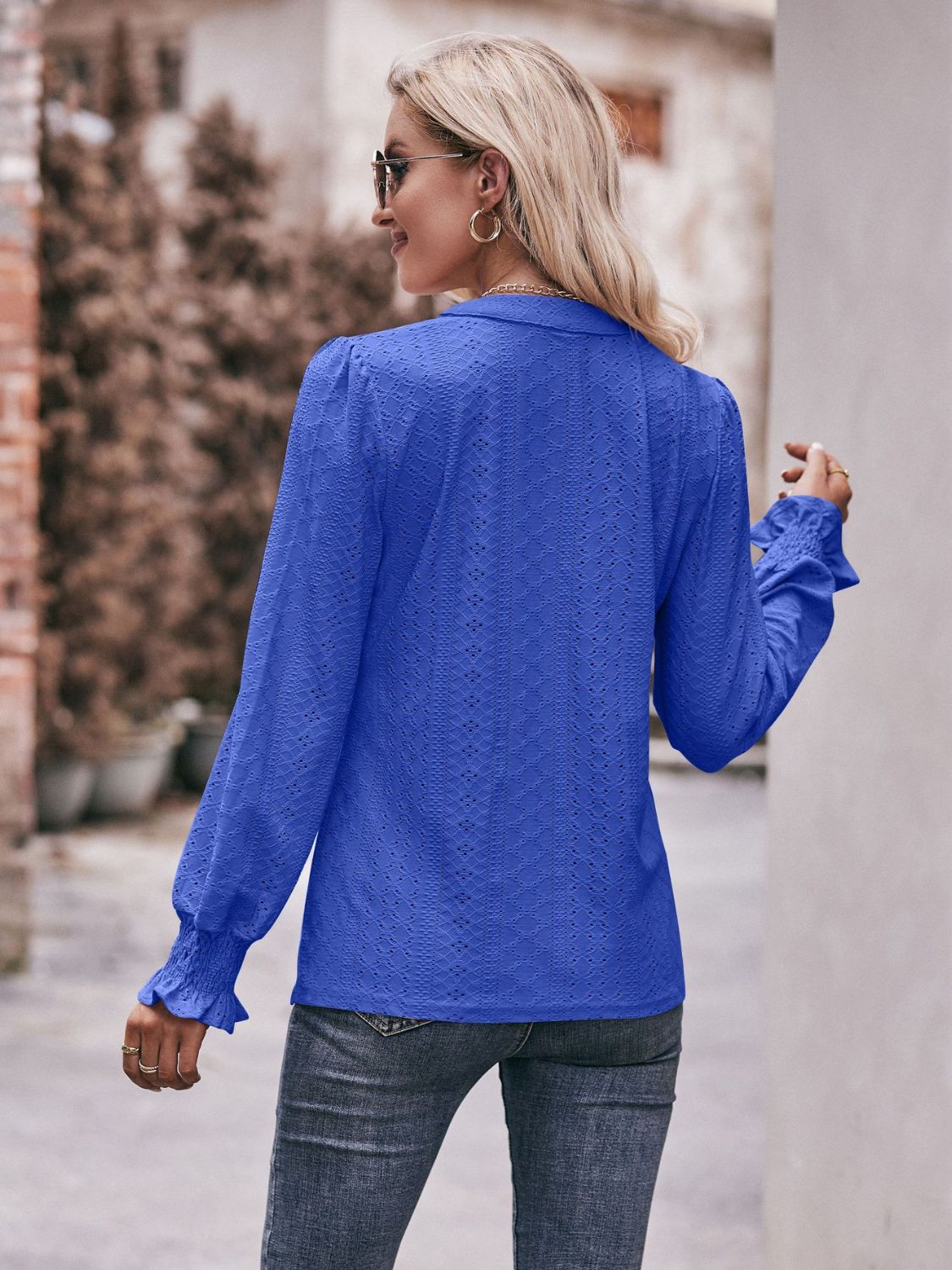 Double Take Eyelet Notched Neck Flounce Sleeve Blouse - Lily and Lavender Boutique