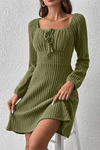 Ribbed Tied Square Neck Long Sleeve Mini Dress - Lily and Lavender Boutique