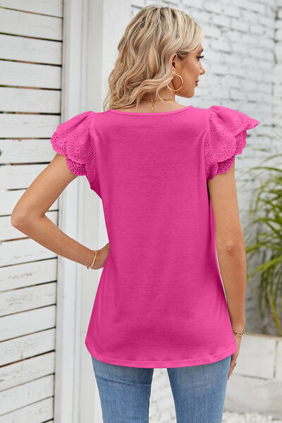 Eyelet Square Neck Cap Sleeve Blouse - Lily and Lavender Boutique