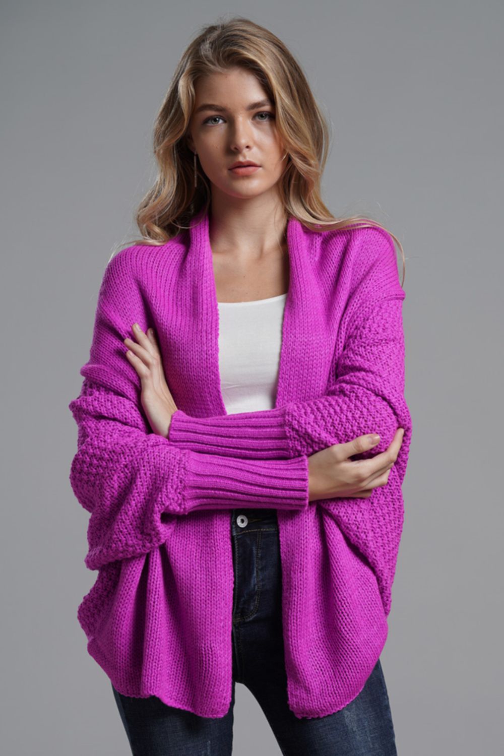 Double Take Dolman Sleeve Open Front Ribbed Trim Longline Cardigan - Lily and Lavender Boutique