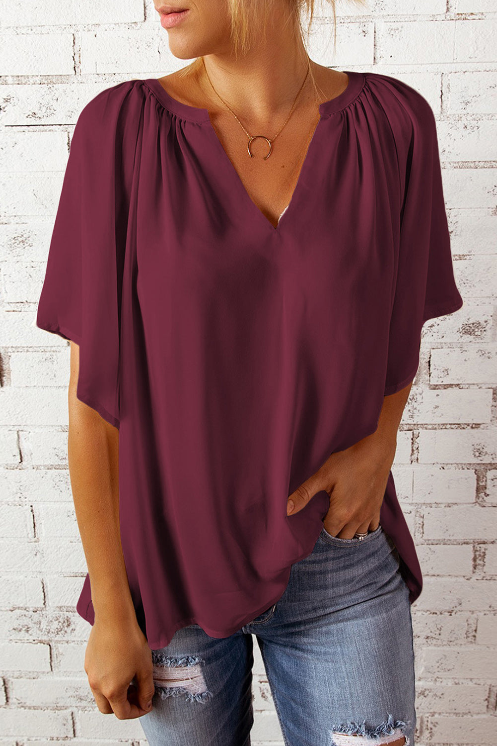 Gathered Detail Notched Neck Flutter Sleeve Top - Lily and Lavender Boutique