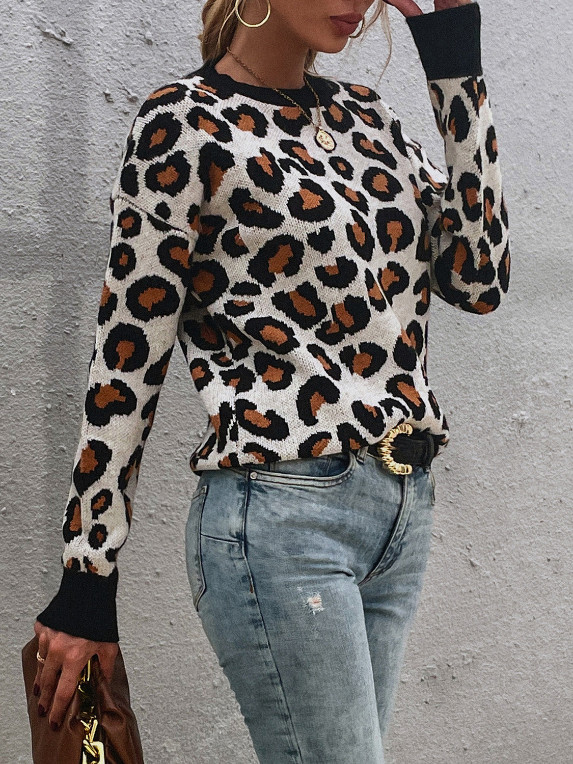 Leopard Round Neck Dropped Shoulder Sweater - Lily and Lavender Boutique