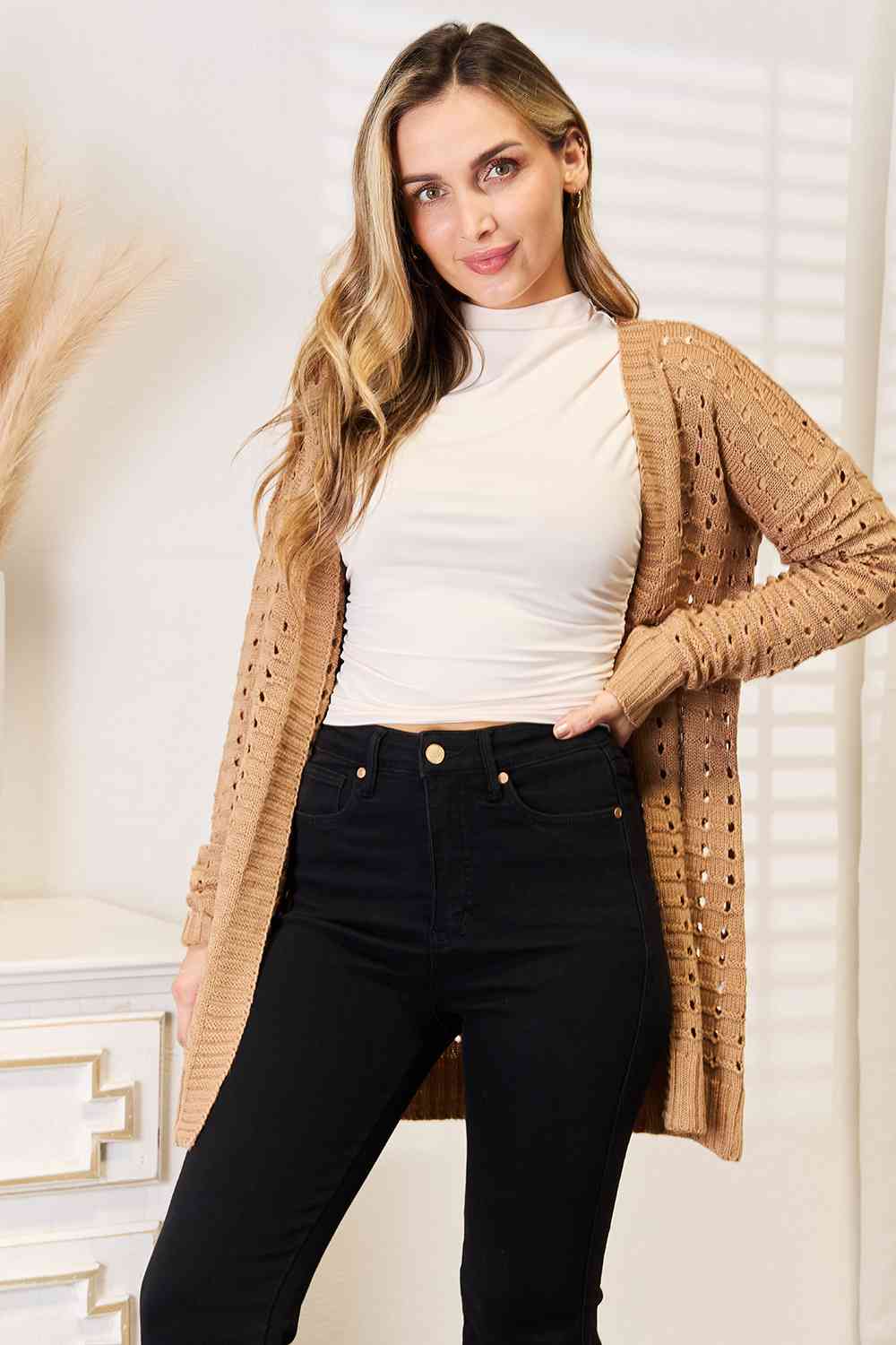 Woven Right Openwork Horizontal Ribbing Open Front Cardigan - Lily and Lavender Boutique