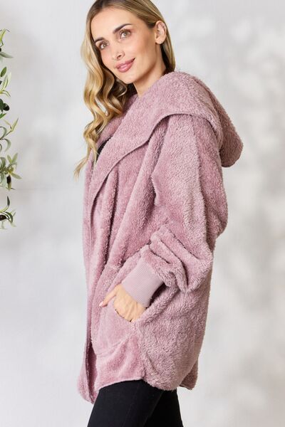 H&T Faux Fur Open Front Hooded Jacket - Lily and Lavender Boutique