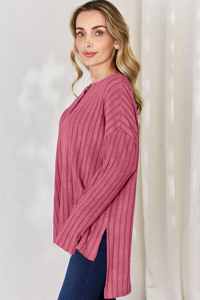 Basic Bae Full Size Ribbed Half Button Long Sleeve High-Low T-Shirt - Lily and Lavender Boutique