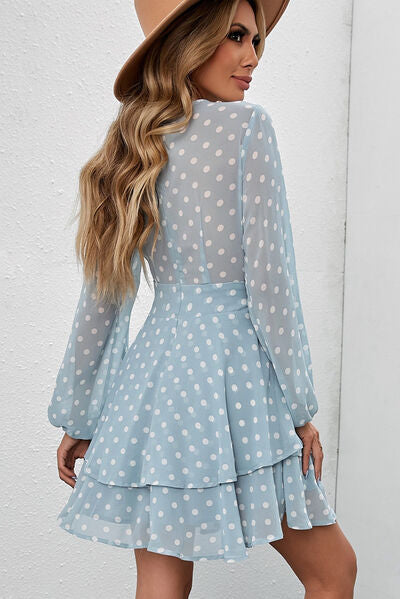 Tied Layered Polka Dot Balloon Sleeve Dress - Lily and Lavender Boutique