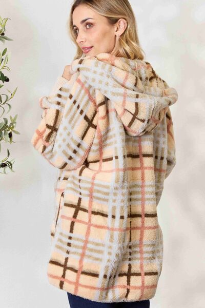 H&T Checked Faux Fur Hooded Jacket - Lily and Lavender Boutique