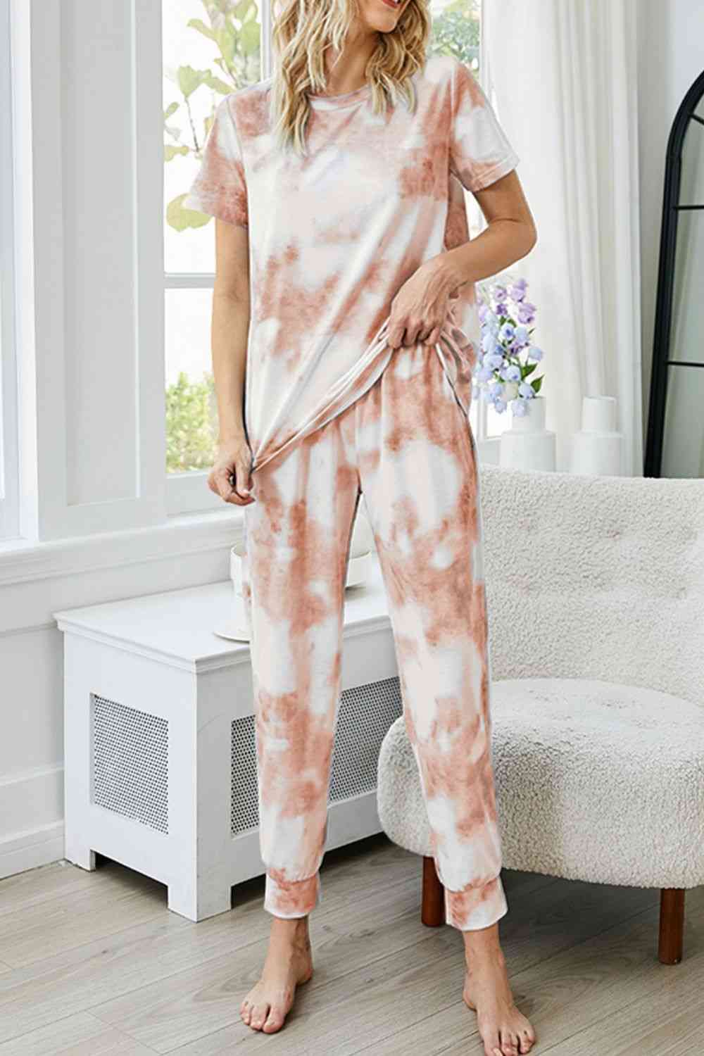 Tie-Dye Round Neck Short Sleeve Top and Pants Lounge Set - Lily and Lavender Boutique