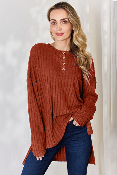 Basic Bae Full Size Ribbed Half Button Long Sleeve High-Low T-Shirt - Lily and Lavender Boutique