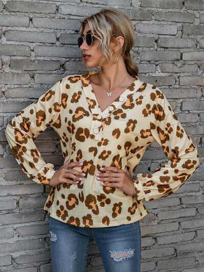 Leopard V-Neck Decorative Button Long Sleeve Blouse - Lily and Lavender Boutique