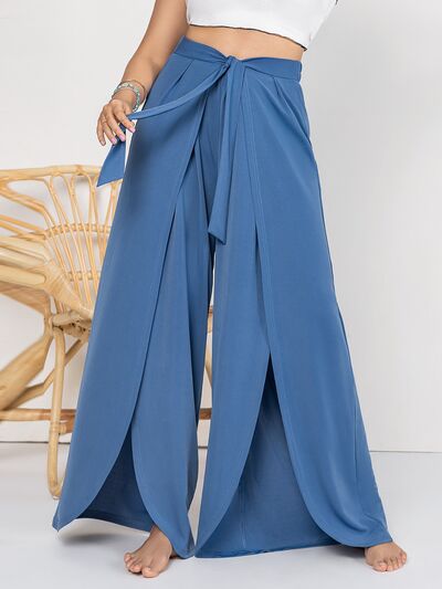 Plus Size Tied Slit Wide Leg Pants - Lily and Lavender Boutique