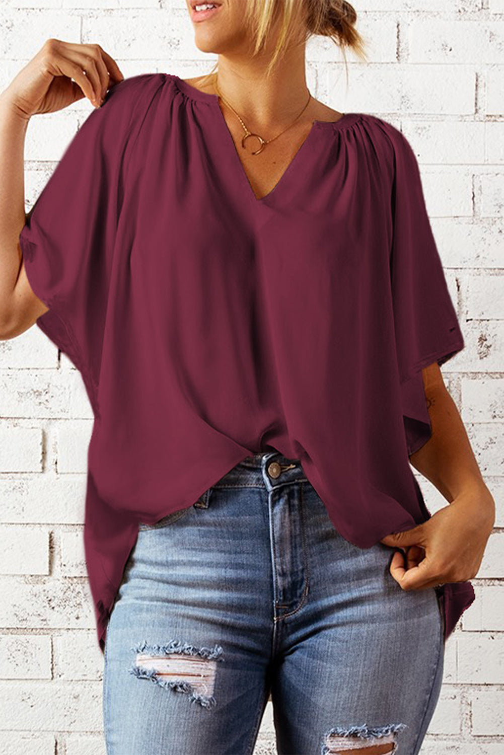 Gathered Detail Notched Neck Flutter Sleeve Top - Lily and Lavender Boutique