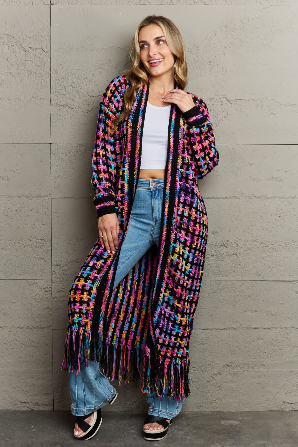 Multicolored Open Front Fringe Hem Cardigan - Lily and Lavender Boutique