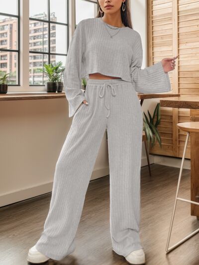 Ribbed Round Neck Top and Drawstring Pants Set - Lily and Lavender Boutique