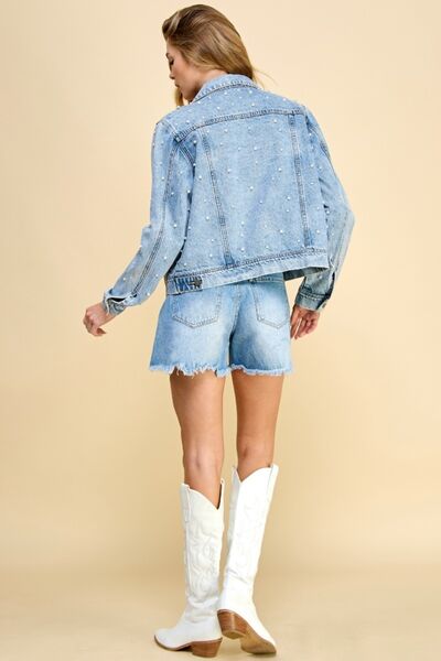 Veveret Button Up Pearl Detail Long Sleeve Denim Jacket - Lily and Lavender Boutique