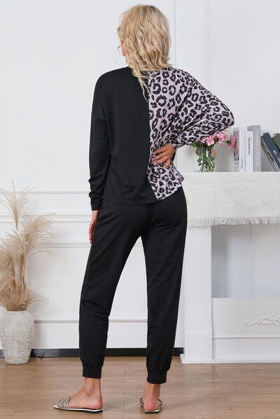 Leopard Round Neck Top and Drawstring Pants Lounge Set - Lily and Lavender Boutique