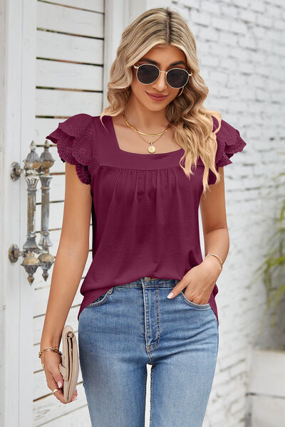 Eyelet Square Neck Cap Sleeve Blouse - Lily and Lavender Boutique