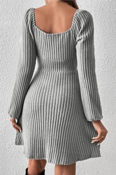 Ribbed Tied Square Neck Long Sleeve Mini Dress - Lily and Lavender Boutique