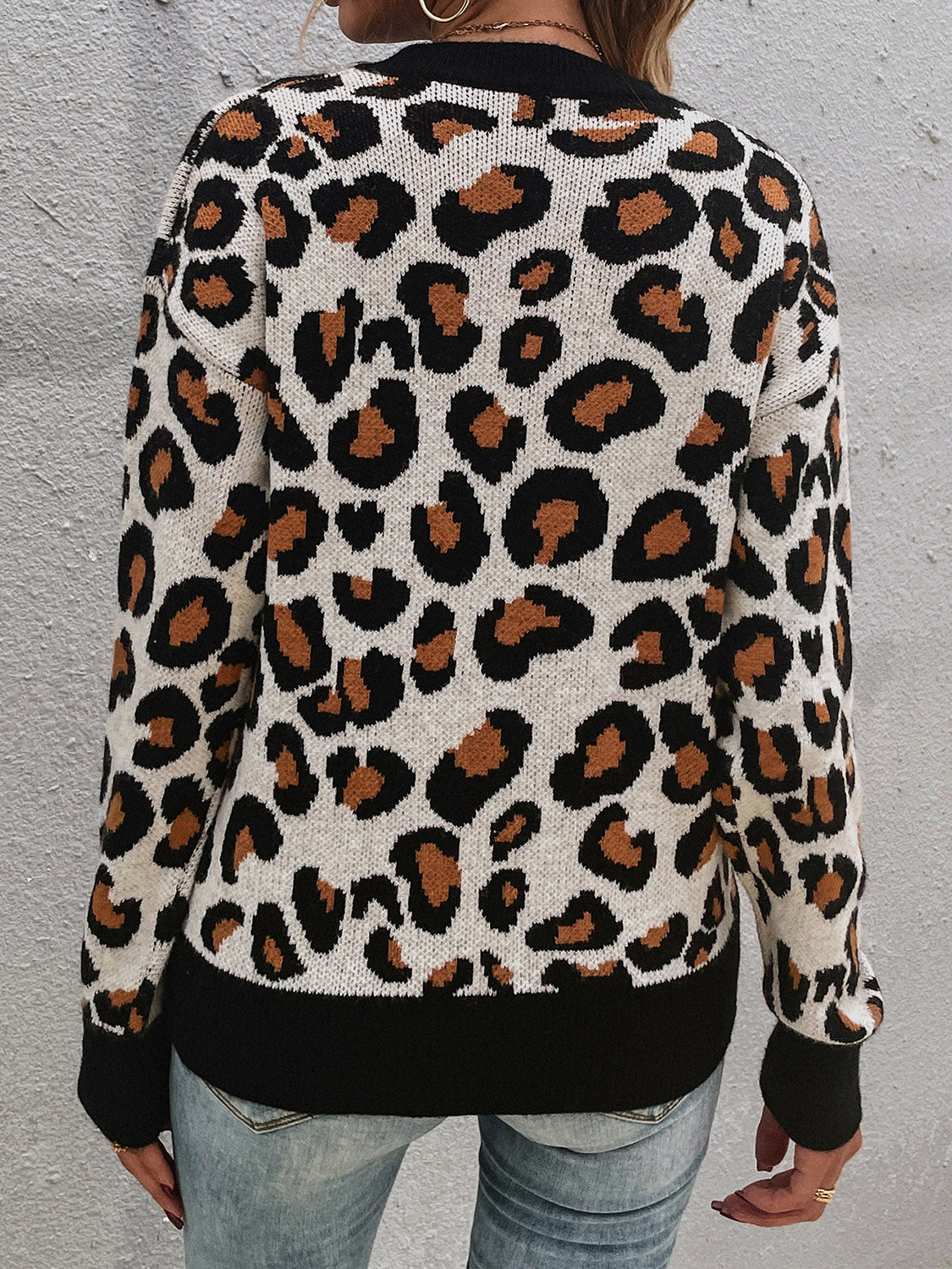 Leopard Round Neck Dropped Shoulder Sweater - Lily and Lavender Boutique