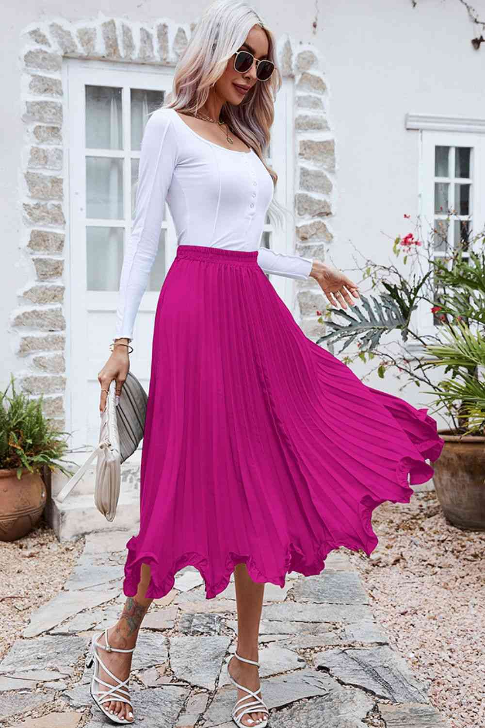 Frill Trim Smocked Waist Midi Skirt - Lily and Lavender Boutique