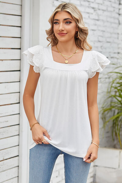 Eyelet Square Neck Cap Sleeve Blouse - Lily and Lavender Boutique