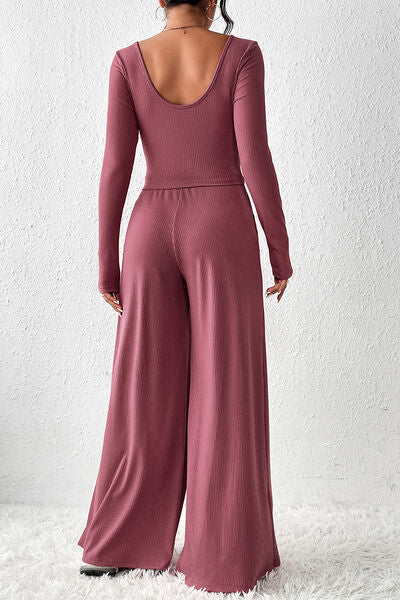 Ribbed Round Neck Top and Wide-Leg Pants Set - Lily and Lavender Boutique